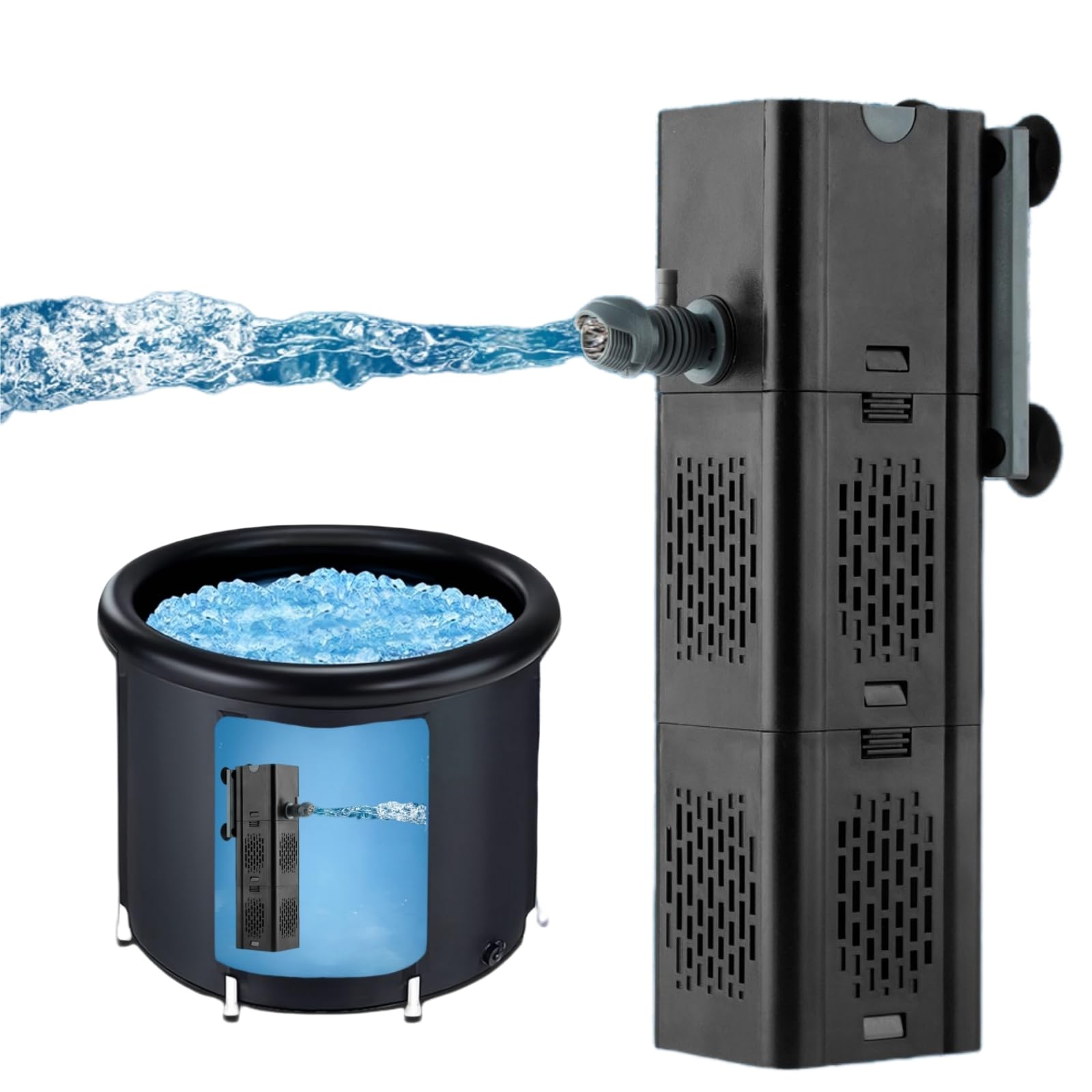 Filtro a immersione fredda con 2 uscite di flusso d'acqua, filtro piccolo per piscina da 500 GPH, vasca da bagno fredda con filtro, accessori per immersione fredda (nero)