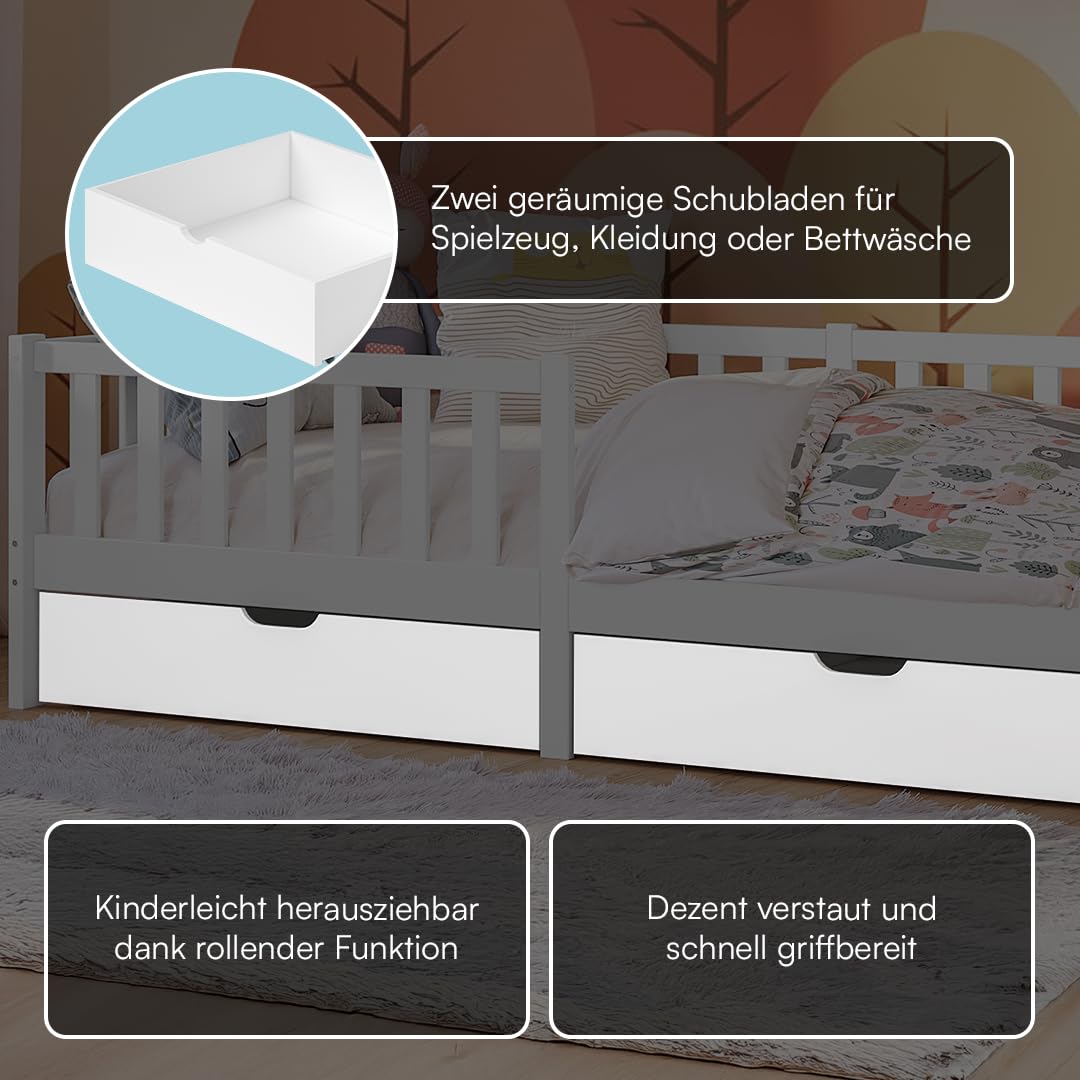 Bellabino Vere Kinderbett 90x200 cm – Montessori Bett mit Rausfallschutz, Lattenrost & 2 Schubladen– Massives Kinder Bett für Jungen & Mädchen aus Holz Kiefer – Kleinkindbett in Weiß mit Stauraum