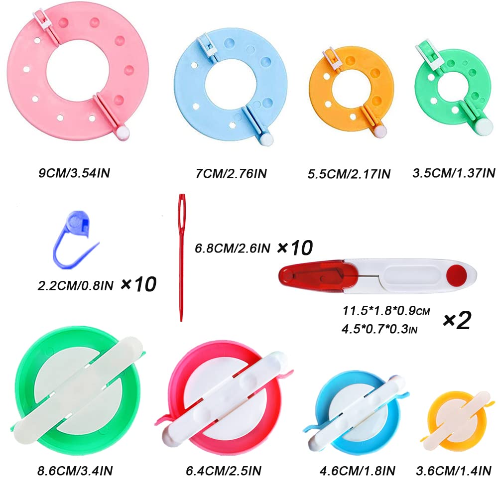 Pom Pom Maker,30pcs Pom Pom Makers kit Includes 8 PCS Pom Pom Maker+2pcs Scissors+10pcs Plastic Needles+10pcs kntting Stitch Markers for DIY Wool Yarn Knitting Craft Project for Everyone (30)