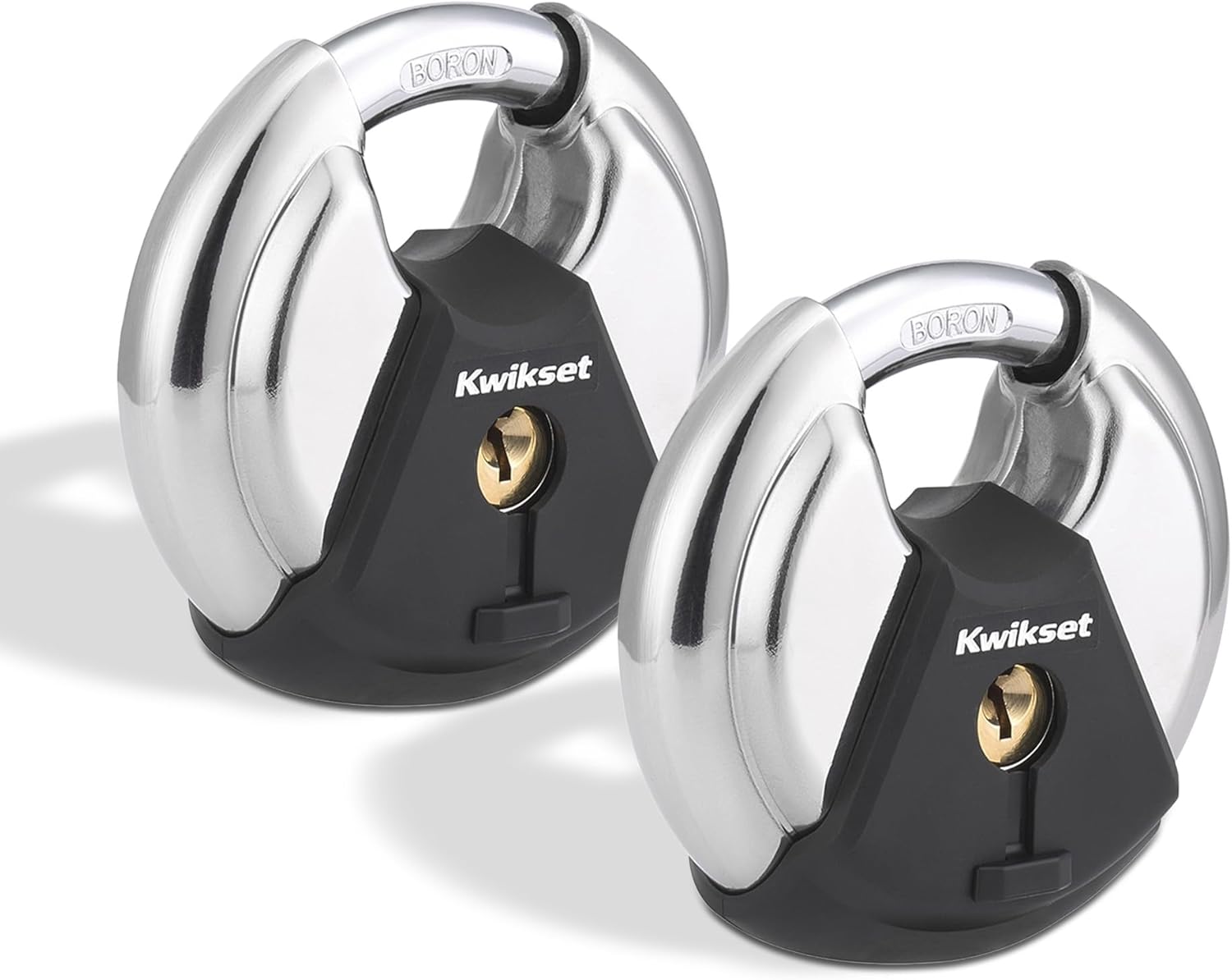 Kwikset Discus Padlock with Boron Carbide Shackle, High Security Outdoor Storage and Gate Lock, 2-3/4 in Body, 2 Pack Keyed Alike, Silver