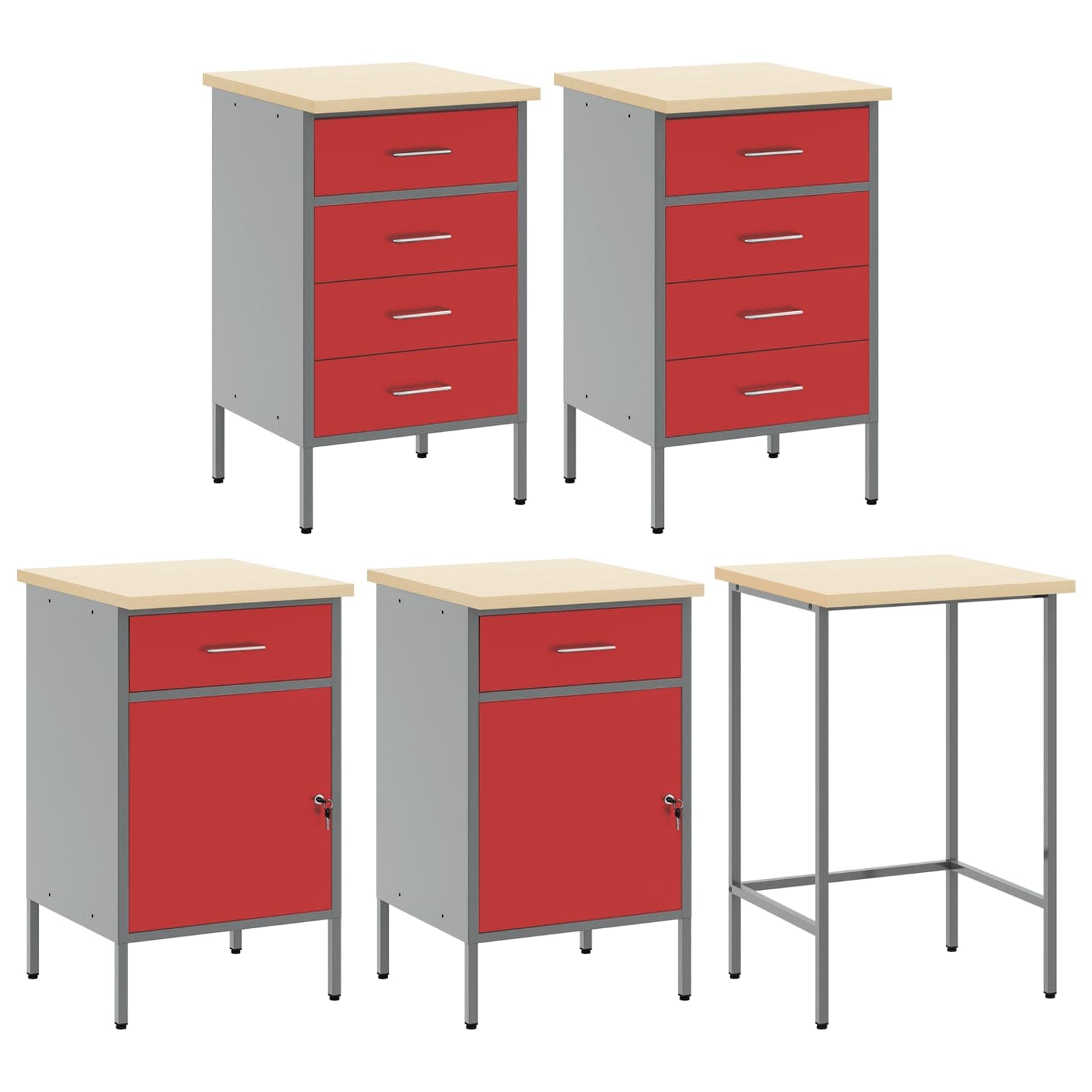 Arbeitsschrankset mit Schubladen und Regal 12-teilig rot grau pulverbeschichteter Stahl Engineering-Holz 255x55x220 cm mit Werkzeughalter Haken Wandmontage für Werkstatt Ordnung