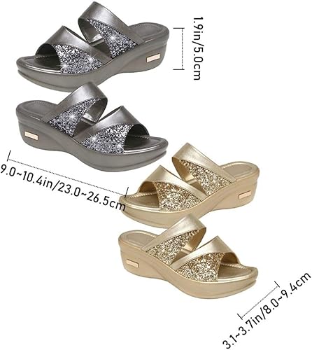 Miniatura 4 de Holibanna 1 par de sandalias de boca de pez de una sola banda deslizante cuña sexy lentejuelas cuñas verano plataforma sin espalda