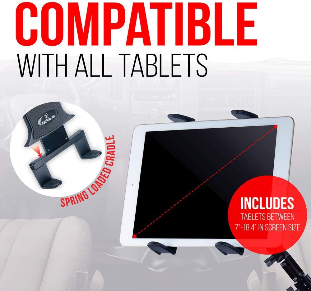 Tackform Tablet Cup Holder Mount for Car or Truck [Enduro Series ] Heavy Duty ELD Mount - Aluminum 3-Way Adjustable Arm with Universal Spring Loaded Tablet Cradle