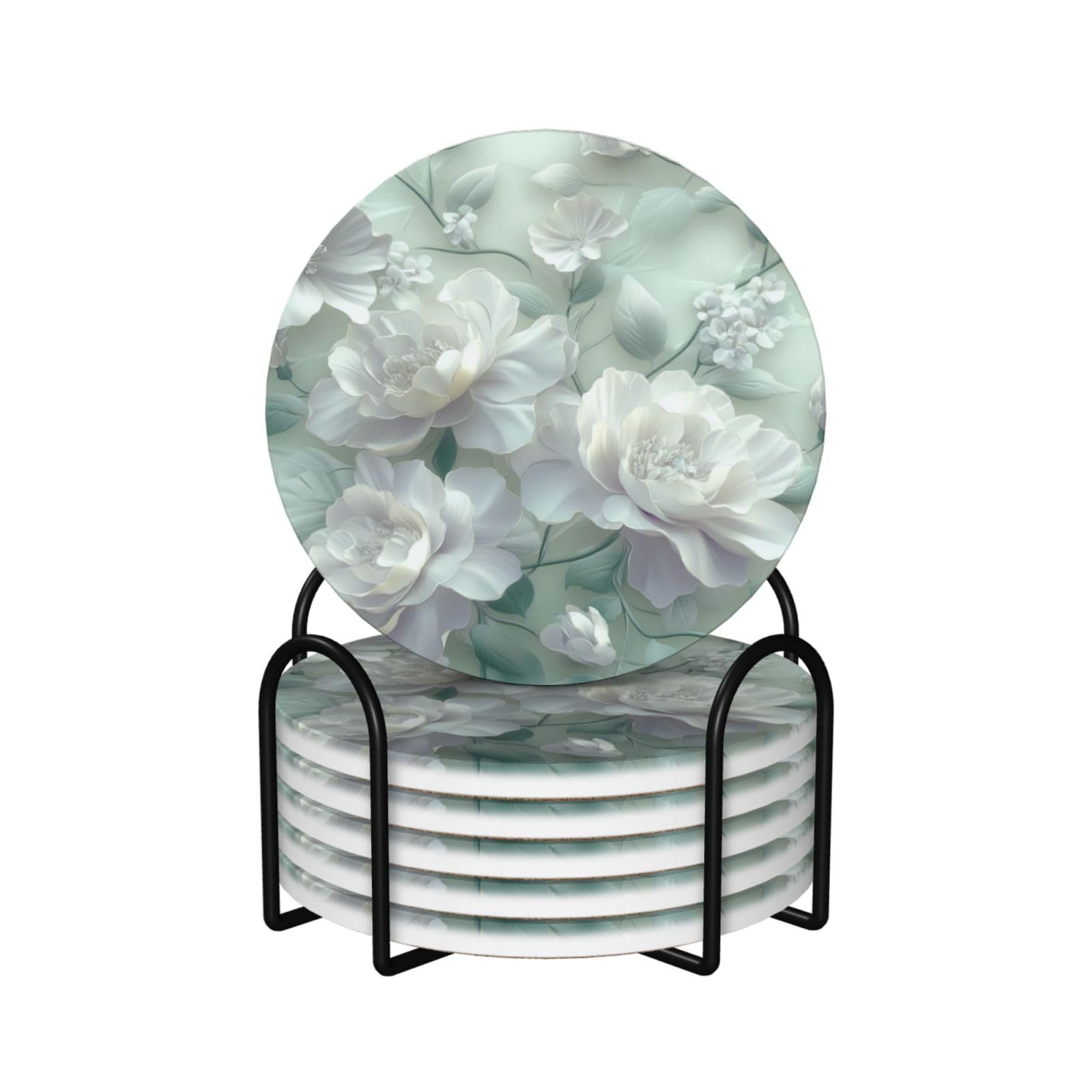 White Flower Pattern On Light Green Ceramic Coasters with Holder 6ps