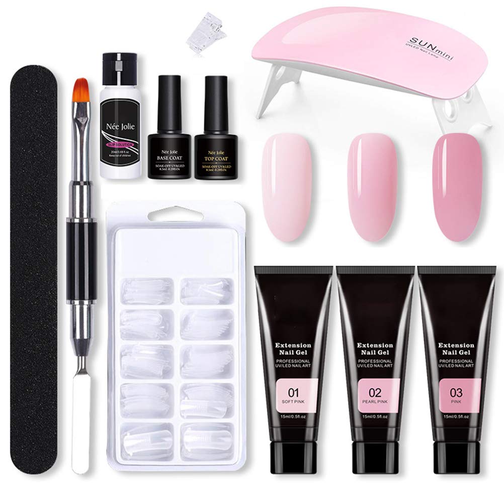 Nail Extension Gel Kit, Gel Nail Kit with UV Light, Nail Enhancement Extension Kit Manicure Set with 3 Colors Extension Nail Gel, Base Top Coat, 100 Extension Nail Tip for Nail Art Starter Kit(F)