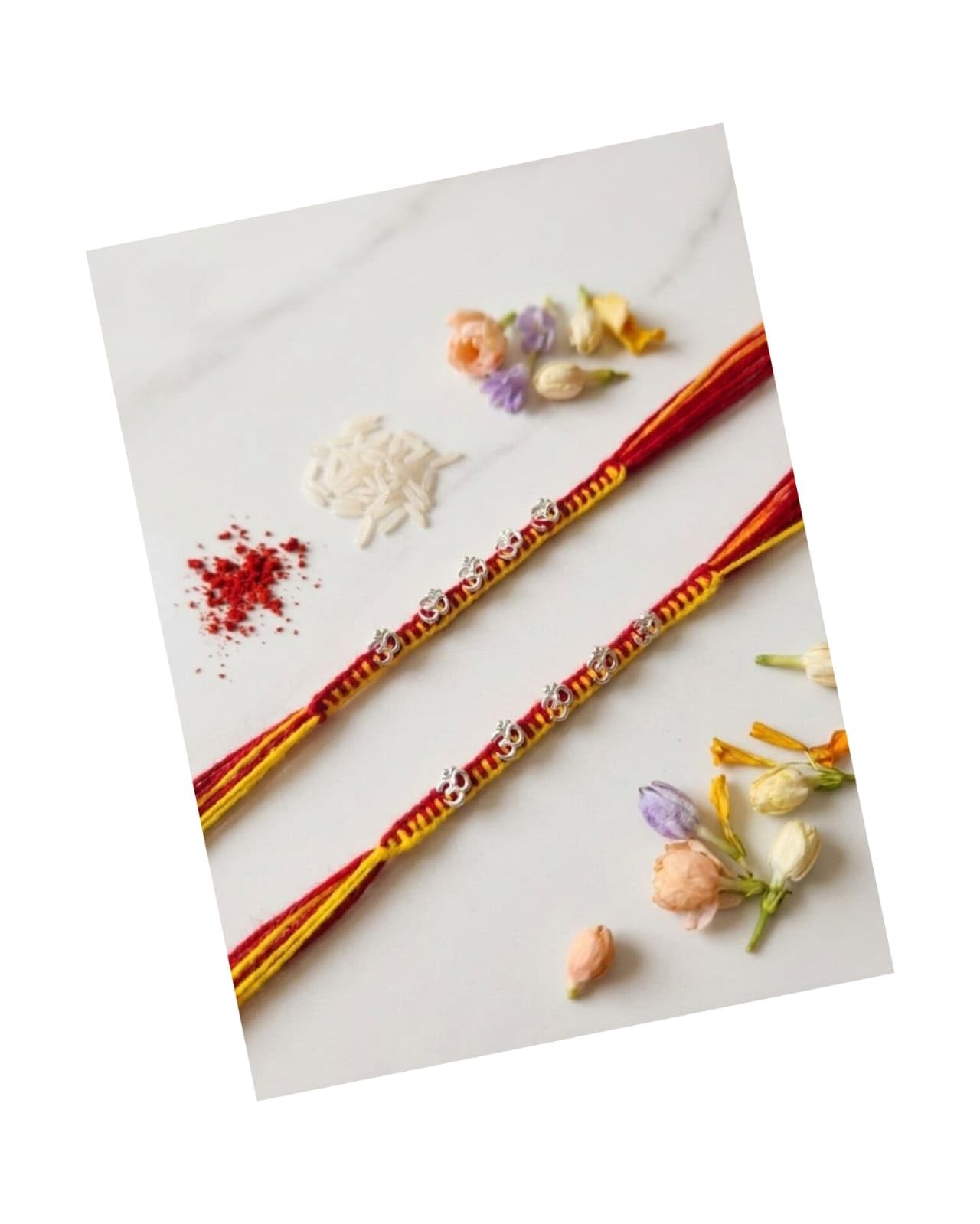 Handcrafted Traditional Divine Silver Om Mauli Rakhi Set of 2 for Bhaiya, Red and Yellow Thread with Roli Chawal for Rakshabandhan and Spiritual Occasions-image-40