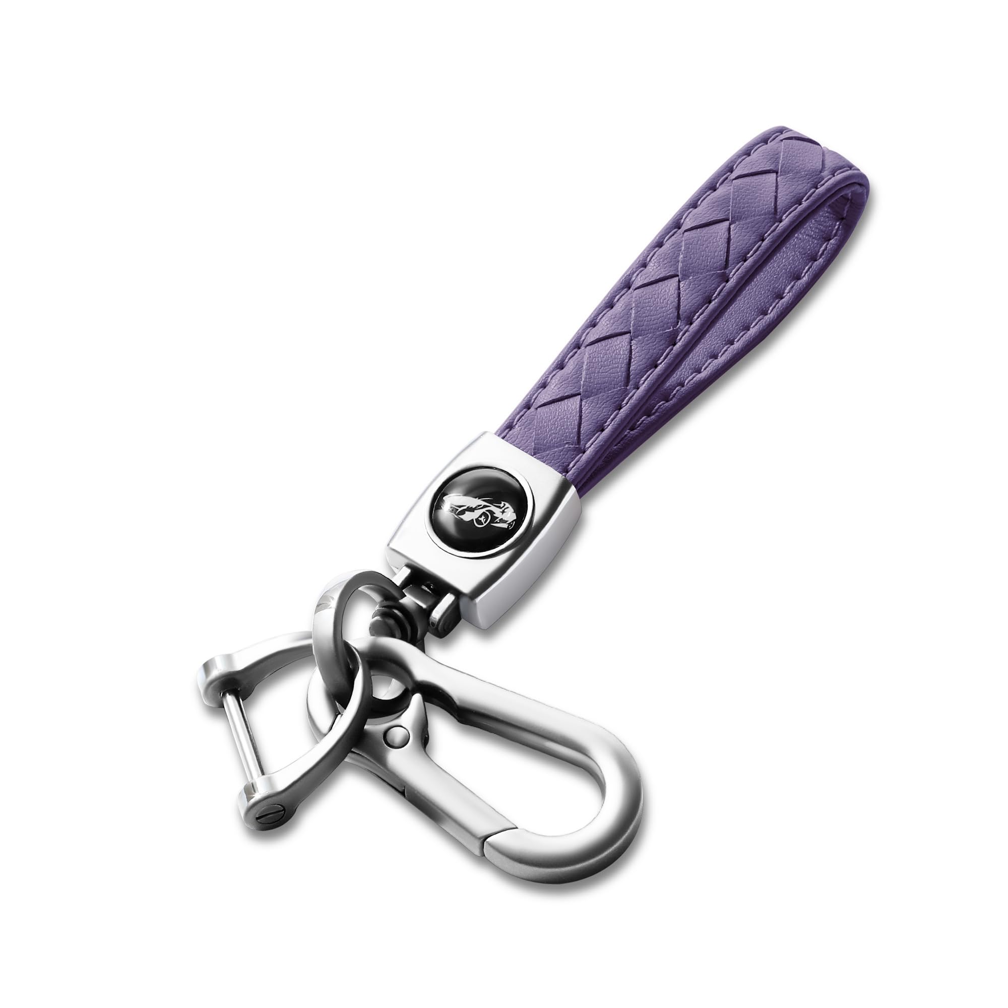 Gkeygo Carabiner Keychain, Universal Heavy Duty Woven Handmade Leather Key Chain, Car Fob Key Keychains with 360 Degree Rotatable Snap Swivel and Anti-Lost D-Ring for Men and Women, Silver - Purple
