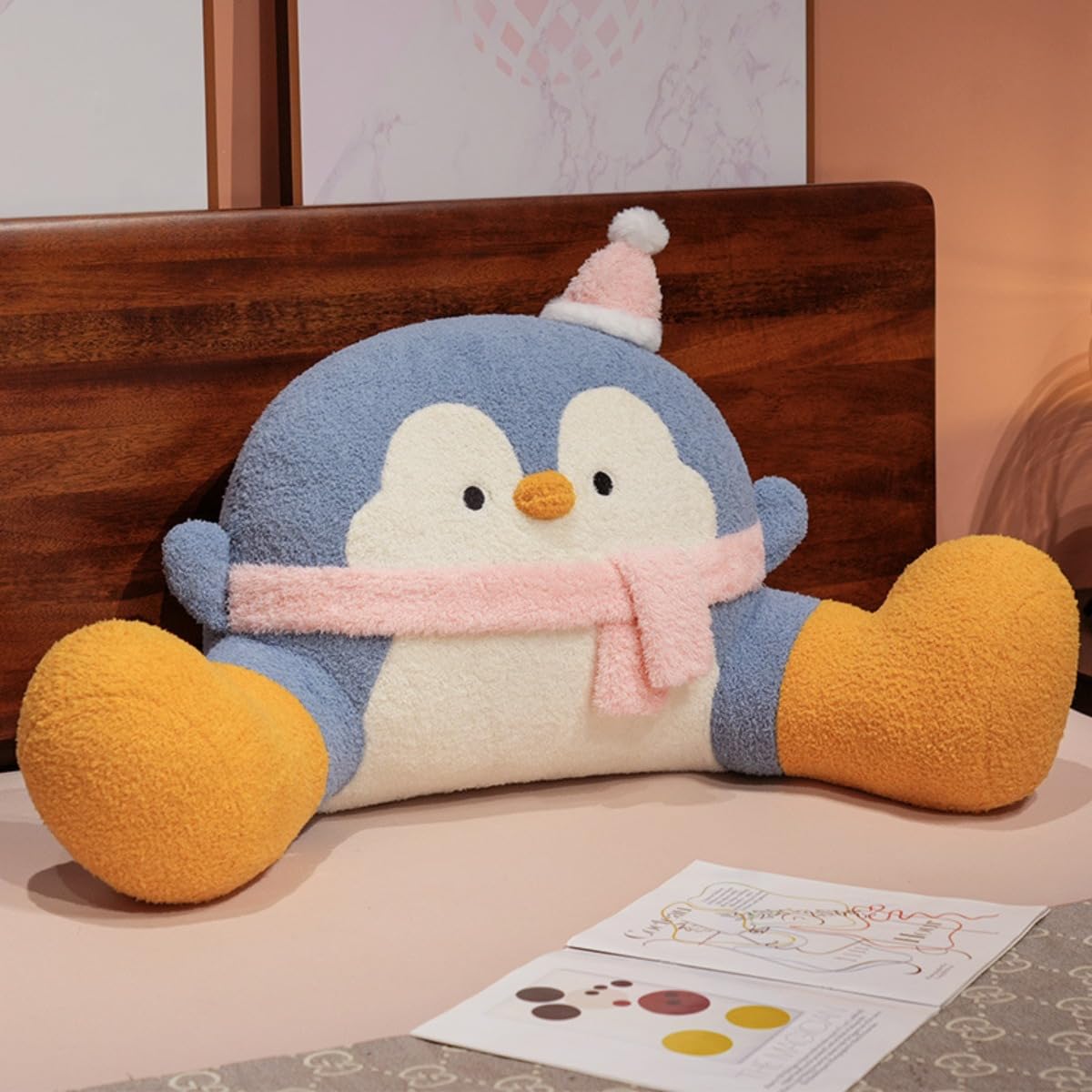 Reading Pillow Bed Rest, Cute Penguin Plush Cuddle Cushion with Removable Cover, Soft Cozy Back Support Pillow Bed for Adult Kids, Ideal for Reading Watching TV Gaming Sleeping (Blue,65*40cm)