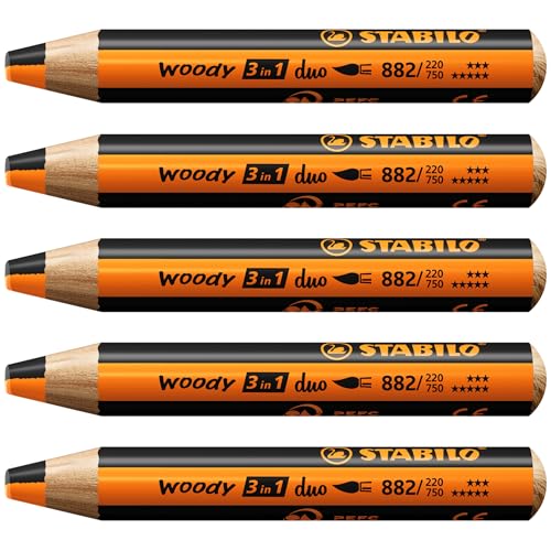 STABILO - Duo Buntstift, Wasserfarbe & Wachsmalkreide - woody 3 in 1 duo - zweifarbige Mine - 5er Pack - orange/schwarz