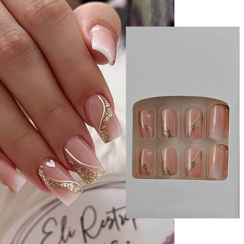 24 PCs Reusable Gradient Nude Gold Glitter Heart Print Press-on Fake Nails - Long Square Shape, DIY Manicure, No Liquid Glue Included