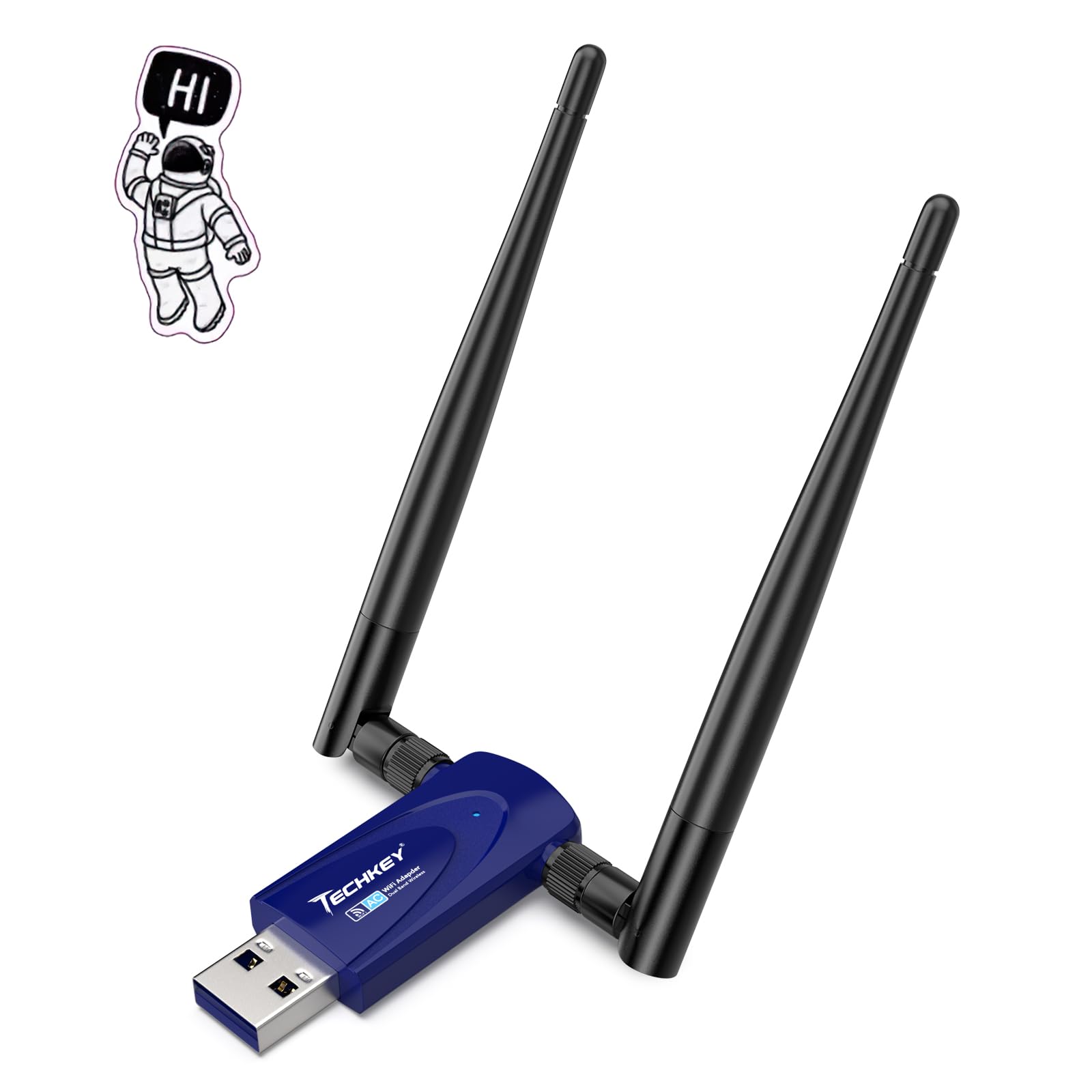 Wireless USB WiFi Adapter for Desktop PC, Techkey V28 AC1300Mbps Network Dongle with Dual Band 5dBi High Gain Antenna for Laptop Computer Compatible Windows 11/10/8.1/8/7-cerulean