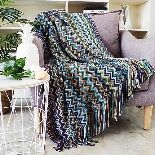 Menkala Cuddly Blanket, Boho Style Blanket with Fringes, Knitted