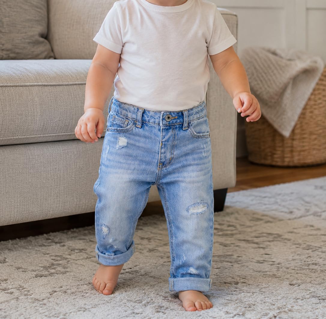 KIDSCOOL SPACE Jeans bébé garçon, Pantalon Bande élastique Denim déchiré Doux l'intérieur