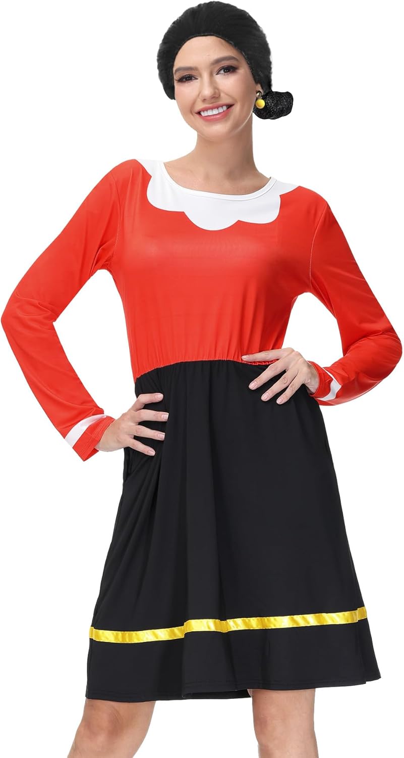 Women's Halloween Classic Olivia Costume Adult Cosplay Crewneck Long Sleeve Dress S Red Black - Image 5
