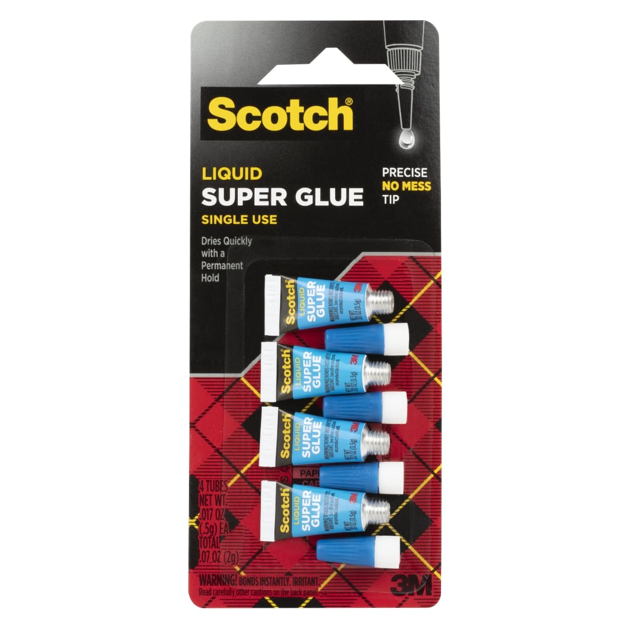 ScotchSuper Glue Liquid, 4-Pack of Single-Use Tubes, .017 oz Each, Fast Drying Liquid Formula (AD114)