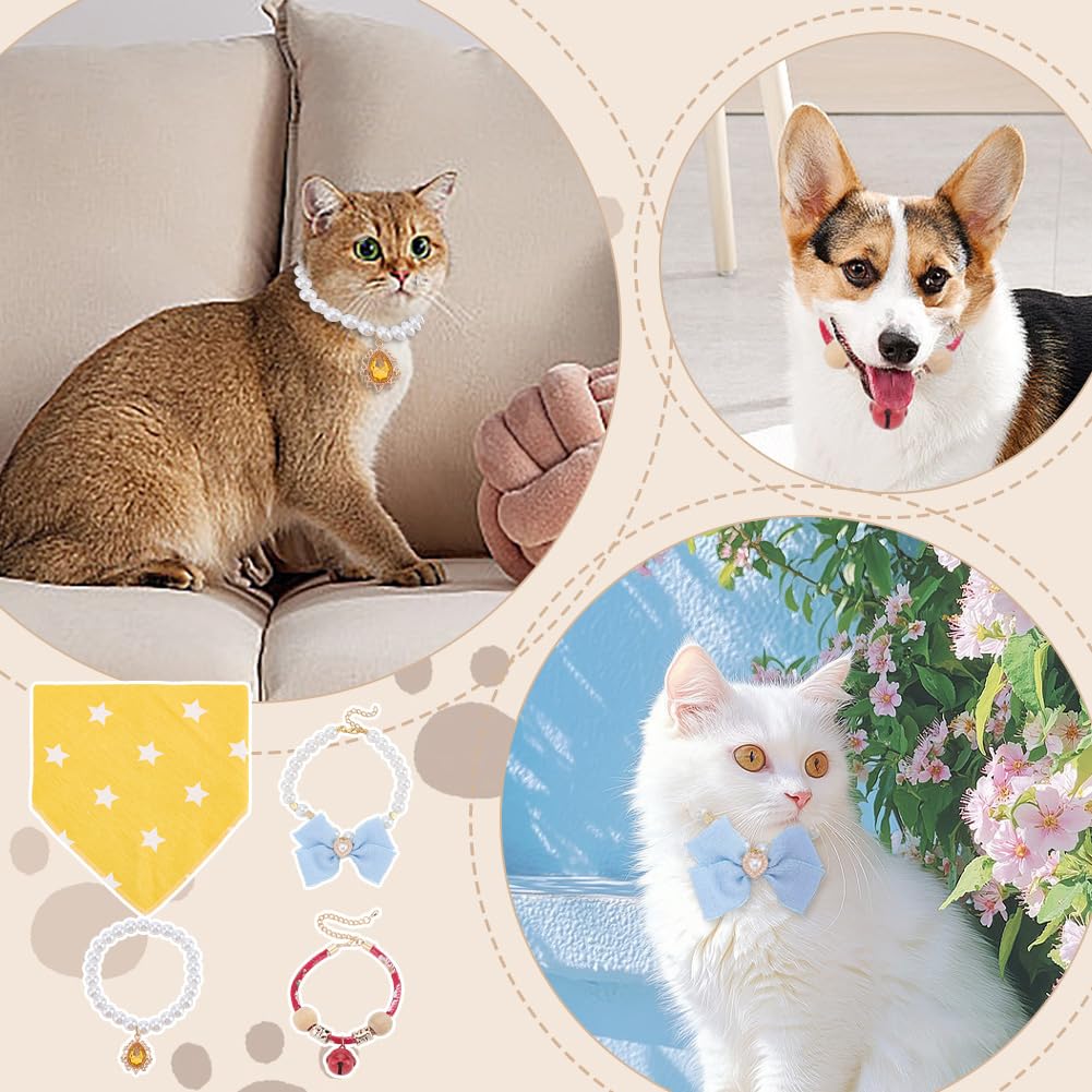 WEBEEDY 4 Styles Kitten and Puppy Collar Combination Small Pet Jewelry Collars Natural Wood Pet Bell,Dirt-Proof Triangle Scarf,Pearl Collar Necklace with Crystal and Bow Pets Party Accessories - Image 3