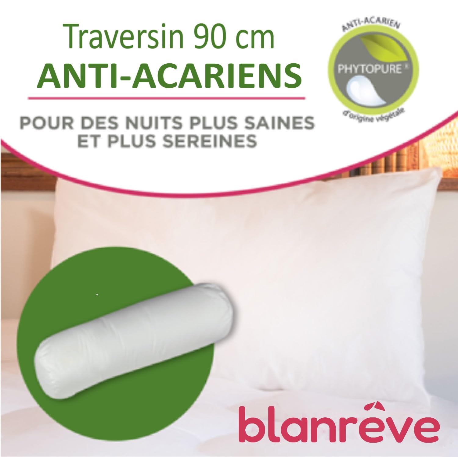 Blanrêve - Traversin rotondo antiacaro - Sintetico - Comfort soffice - Facile manutenzione - Made in France - 90 cm - 700 g, bianco
