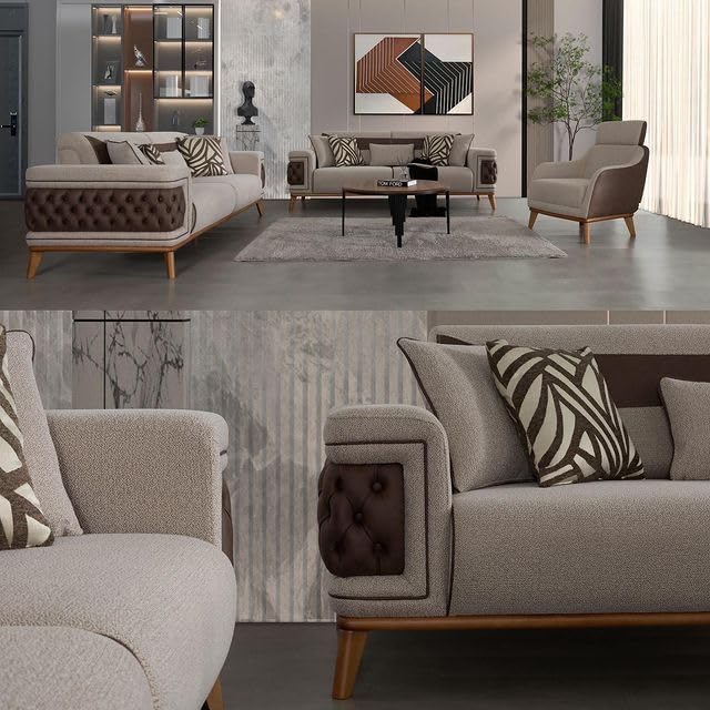FUNTERIOR Alora 3+3+1 Wing Chair Suede Fabric and Soft Touch Fabric 7 Seater Beautiful and Modern Light Grey and Dark Grey Teak Wood Base Sofa Set for Living Room.