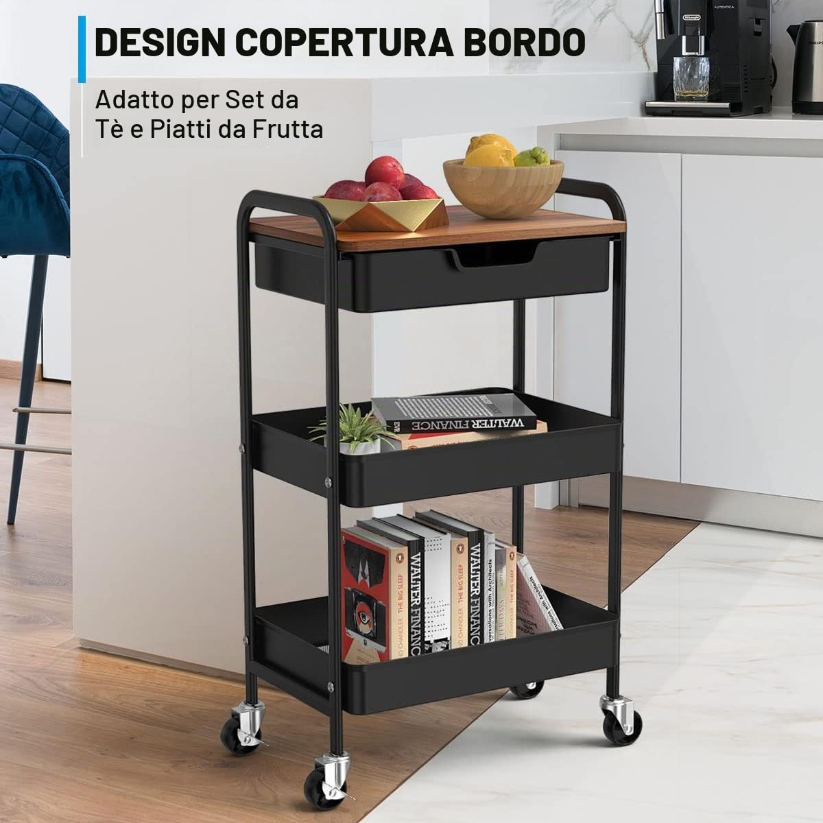 Shirvee Carrello a 3 Ripiani con Ruote e Cassetti Mobile Rotelle Salvaspazio Multifunzionale Storage Rack per Bagno Cucina (Nero)