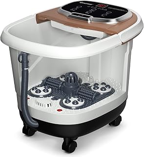 COSTWAY Fußbad mit Massagefunktion & Duschfunktion, 500W Elektrische Fußbadewanne mit Heizung, Max. 48°C, 10-60 Min Timer, Shiatsu- & Rollenmassage, Fußbad Massagegerät auf Rollen (Braun)