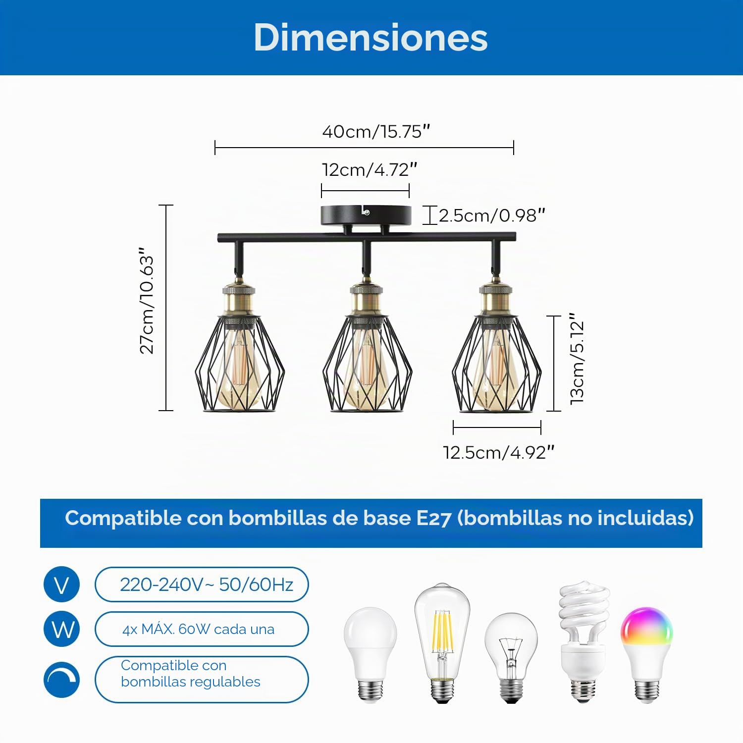 ANWIO Lampara Techo Con 3 Focos, Focos LED Interior Techo Giratorios E27, Lámparas de Techo Negro, Foco de Pared para Interior Iluminación para Dormitorio,Pasillo,Cocina (Sin Bombilla)