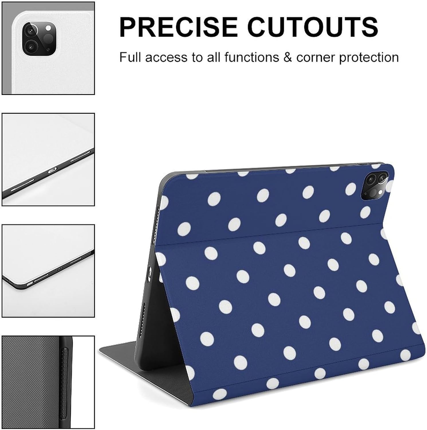 Compatible with iPad Pro 11 Inch Case 1st/2nd/3rd/4th Generation (2018-2021/2020/2022) with Pencil Holder, Slim White Polka Dots Dark Blue Print Pro Cover 11 Inch for Auto Wake/Sleep with Stand