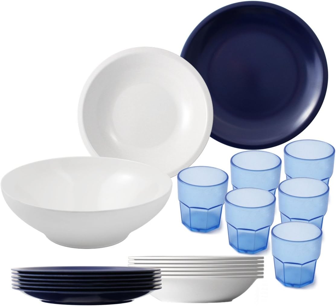CARTAFFINI SRL Cartaffini Camping 20-Piece Dinnerware Set, White/Blue, Cups - Blue, 20 Pieces: 1 Salad Bowl, 6 Dinner Plates, 6 Side Plates, 6 Cups, 1 Bag