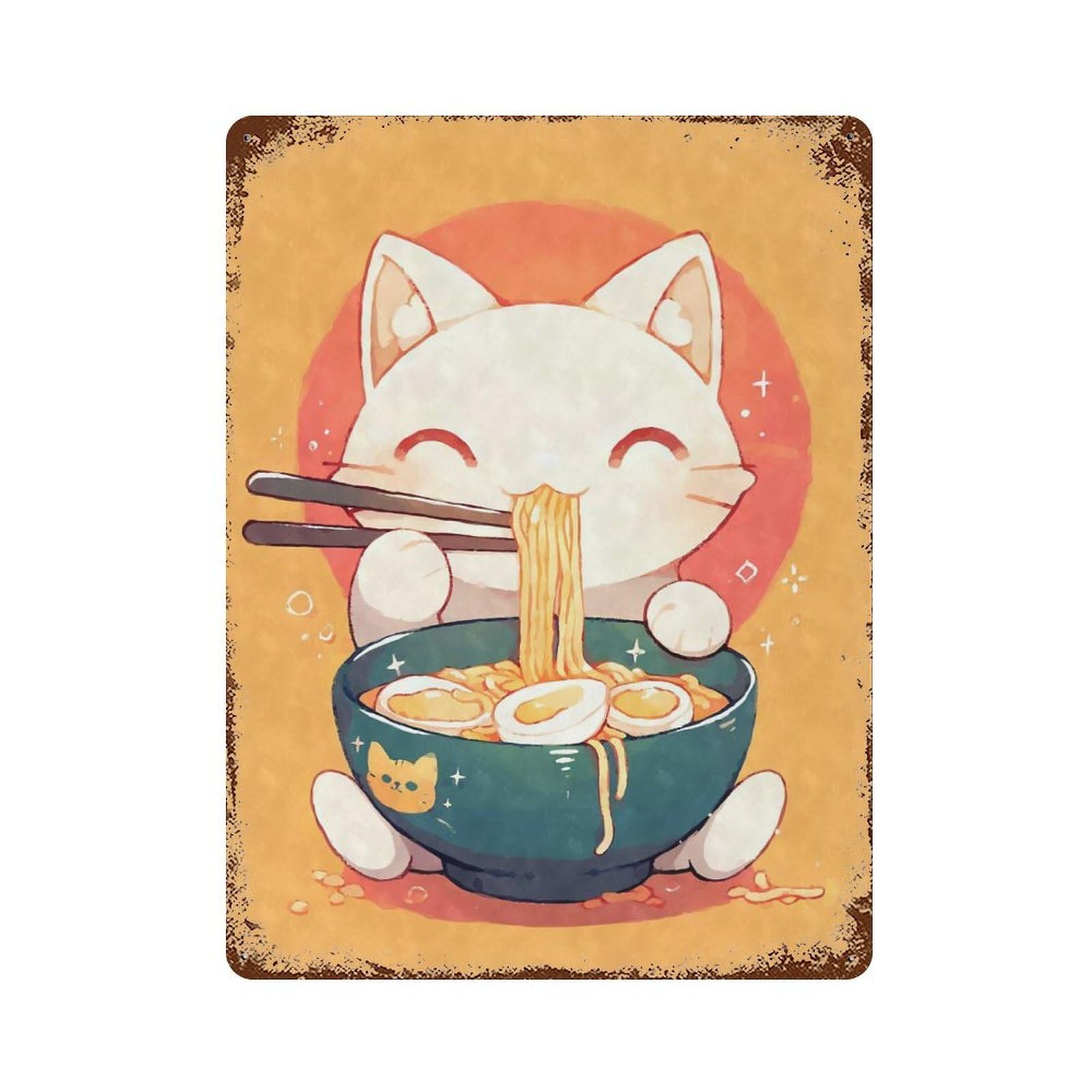 Cute Cat Eating Ramen Vintage Wall Sign 15.7"x11.8", Rust Effect Metal Decor for Basement, Hobby Room And Garage Decor