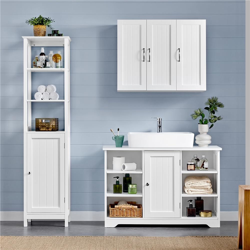 Yaheetech Mobile da Bagno Sottolavabo Mobiletto con Ripiani Portaoggetti Armadietto da Terra per Lavandino Mobile da Archivio con Anta in MDF 60 × 30 × 90 cm Bianco