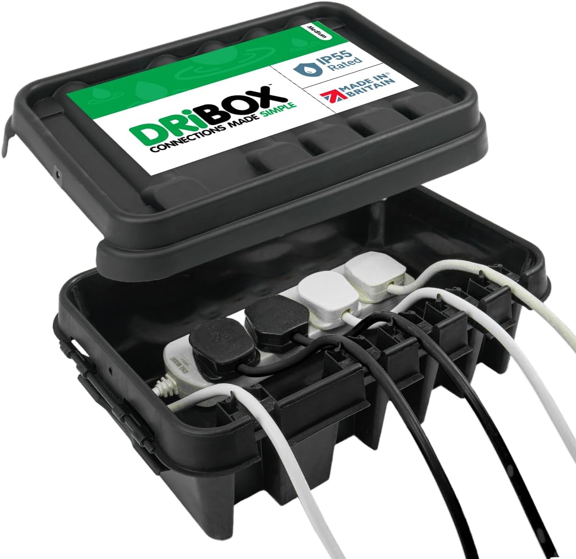 DRiBOX – Medium IP55 Weatherproof Outdoor Electrical Connection Box 34 x 22 x 11.7cm – Power Cord Enclosure for Christmas Lights, Timers, Extension Cables, Leads, Reels, Transformers (Medium, Black)