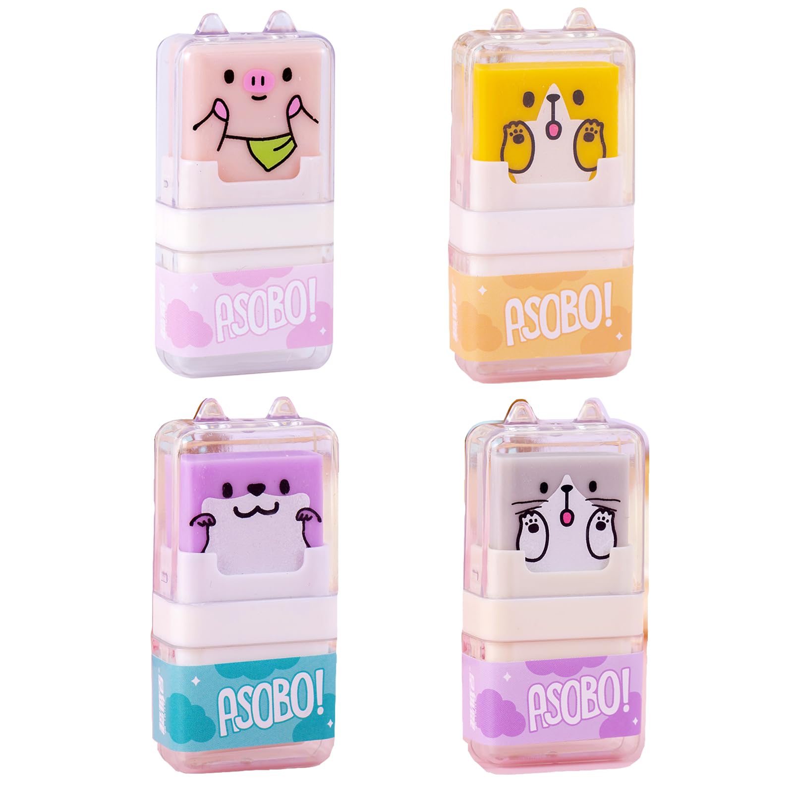Set di 4 gomme da cancellare per bambini animali carini con rullo di pulizia e custodia