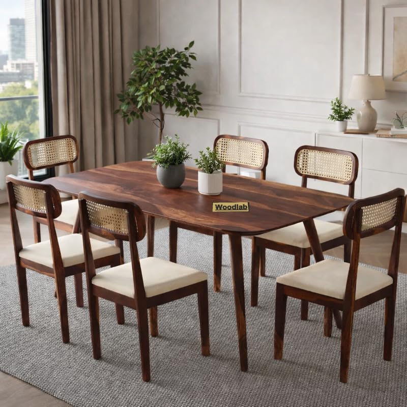 Image of WOODLAB Solid Sheesham Wood 6 Seater Dining Table Set | Wooden Six Seater Dining Table with Cushioned Cane Back Chairs Furniture for Living Room, Home, Hotel & Restaurants (Natural Finish)
