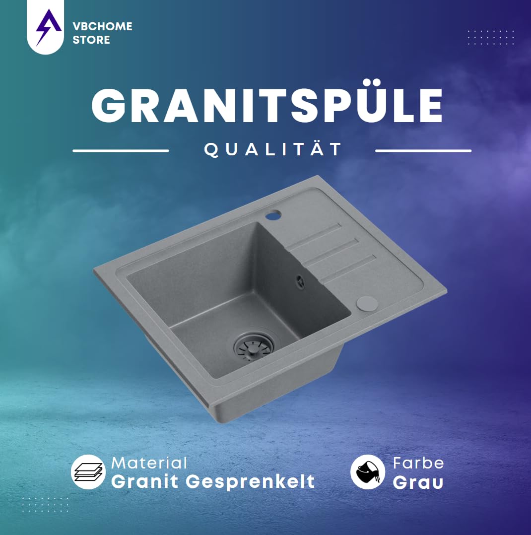 VBChome Fregadero de granito gris con grifería, 55 x 44 cm, fregadero individual, empotrable, moteado, reversible, de granito, gris, con grifo de acero inoxidable con caño extraíble