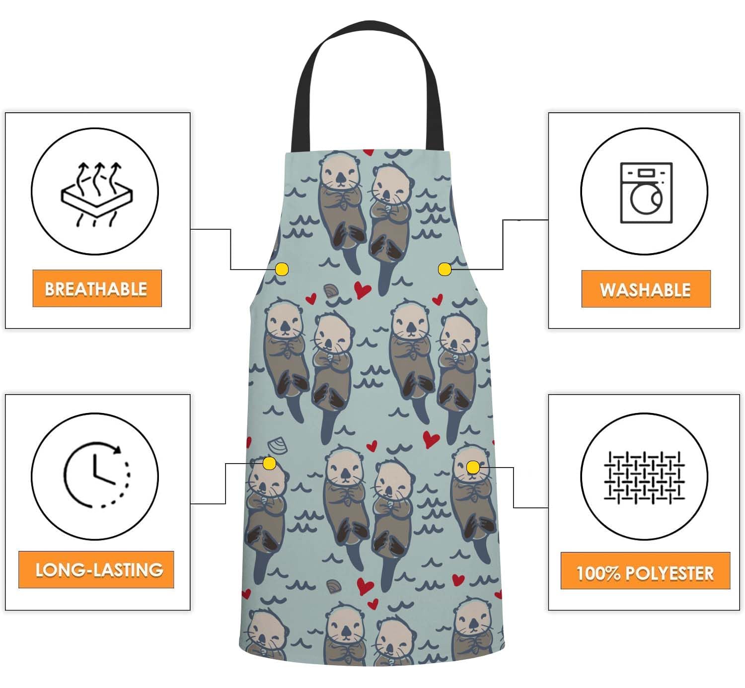BGBDEIA Sea Otter Love Pattern Kitchen Apron for Women Men Adjustable Apron Chef Bakers Apron Cooking Apron Cooking Baking Gardening - Image 3