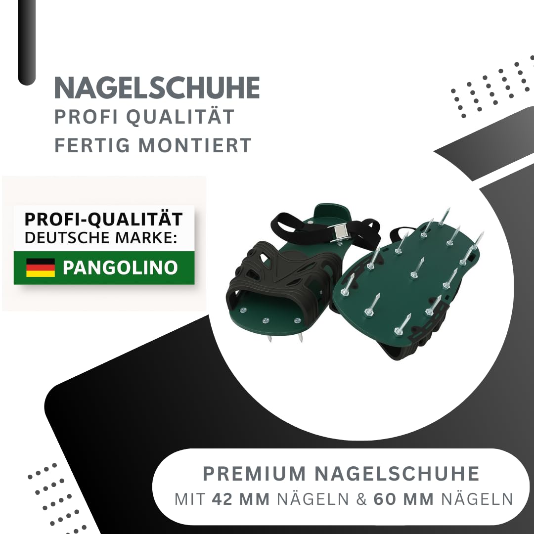 Pangolino Profi Nagelschuhe fertig montiert - Nagelsohle für Rasenlüfter & Estrich mit TPE-Riemenfixierung | Vormontiert inkl. 42mm & 60mm Nägeln (Gr. 37-48)