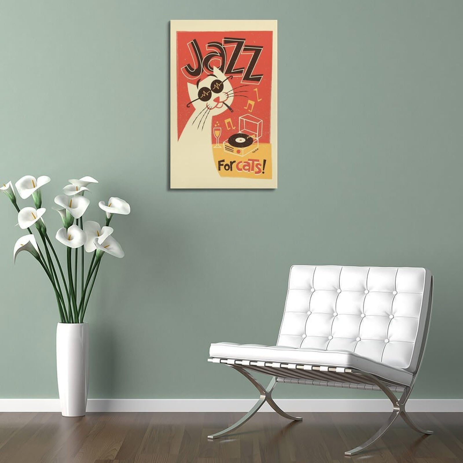 Kot jazzowy z płytą winylową retro plakat sztuka ścienna, kapryśny wystrój do salonu i gabinetu plakat dekoracyjny obraz płótno plakaty ścienne i artystyczny obraz druk nowoczesny rodzinny sypialnia