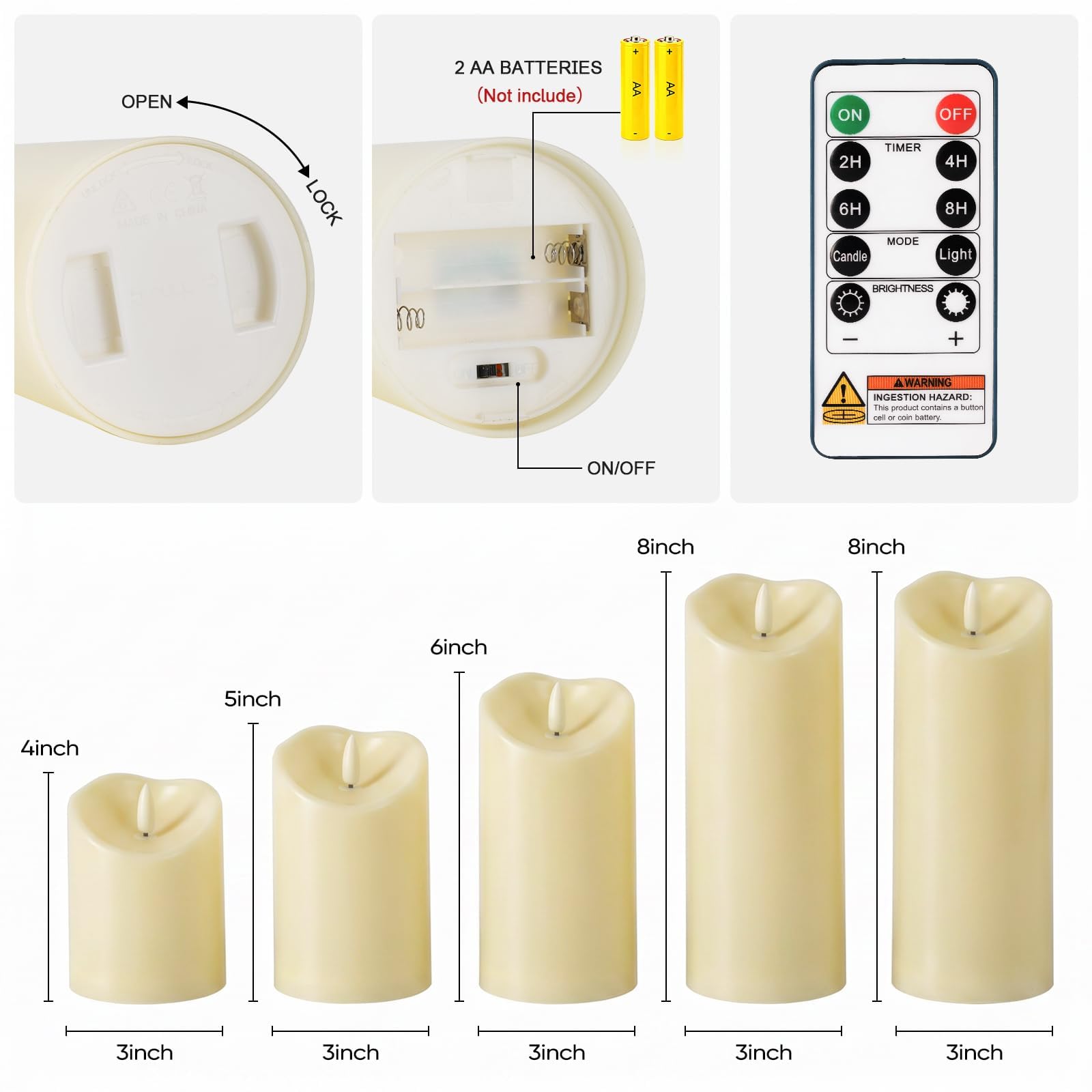 AMAGIC Lot de 5 bougies LED sans flamme étanches à piles avec télécommande et minuterie, pour décoration d'intérieur, ivoire foncé