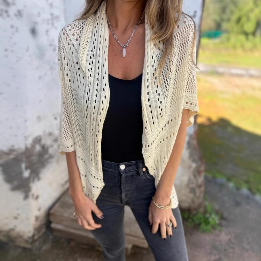 Emboadlie Hollow Half Sleeve Cardigan, Lightweight Hollow Knit Half-Sleeve Cardigan, Elegant Solid Shrugs3