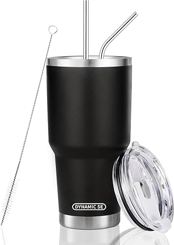 Vaso de acero inoxidable de 30 onzas  887.2 ml. aislado, taza de viaje con tapa, popote y cepillo de limpieza
