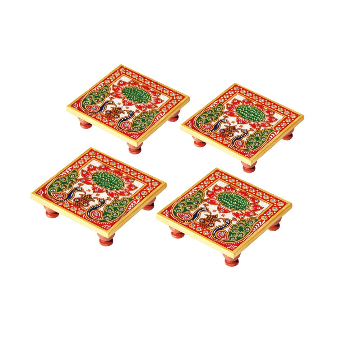 Handicrafts Paradise Marble Chowki Set of 4 pc with Peacock Design Painted