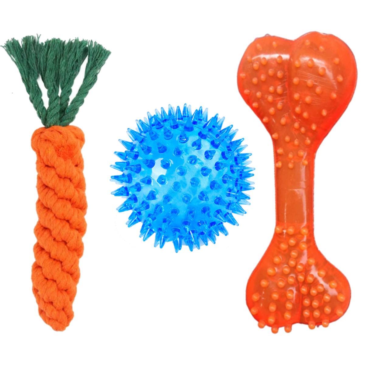 YOUHAVEDEAL Dog Toys for Puppies & Small Dogs Toys Spike Teether Ball Toy + Gums Cleaner Correct Rope Carrot Toy + Rubber Chew Bone Toy Pack of 3 (B09KM8X7F9) Amazon Price History, Amazon Price Tracker
