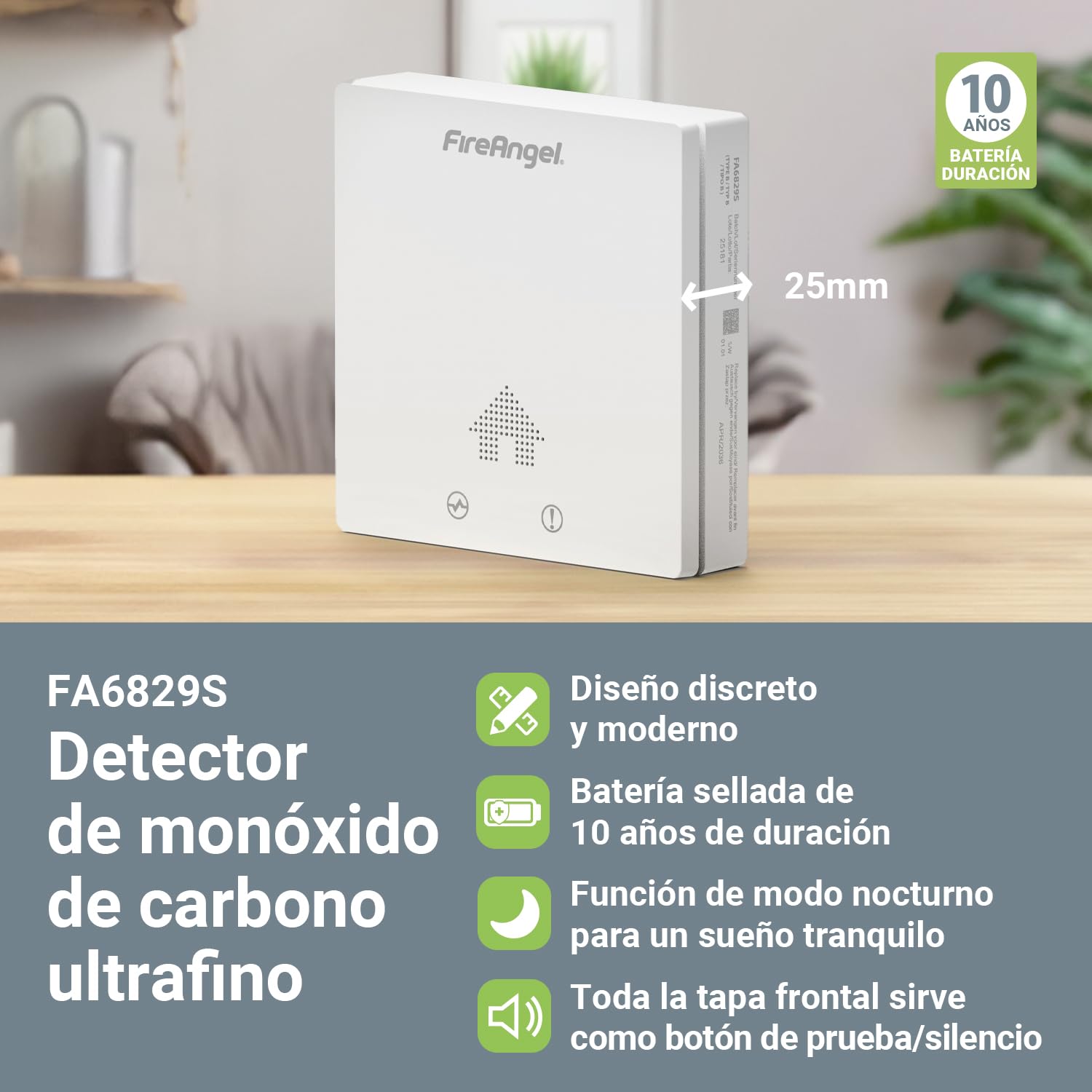 FireAngel FA6829S Detector de Monóxido de Carbono Ultra Delgado, Alarma de CO de 10 Años, Portátil, Alarmas de Monóxido de Carbono para Casa, Caravana, Furgoneta Camper - Blanco
