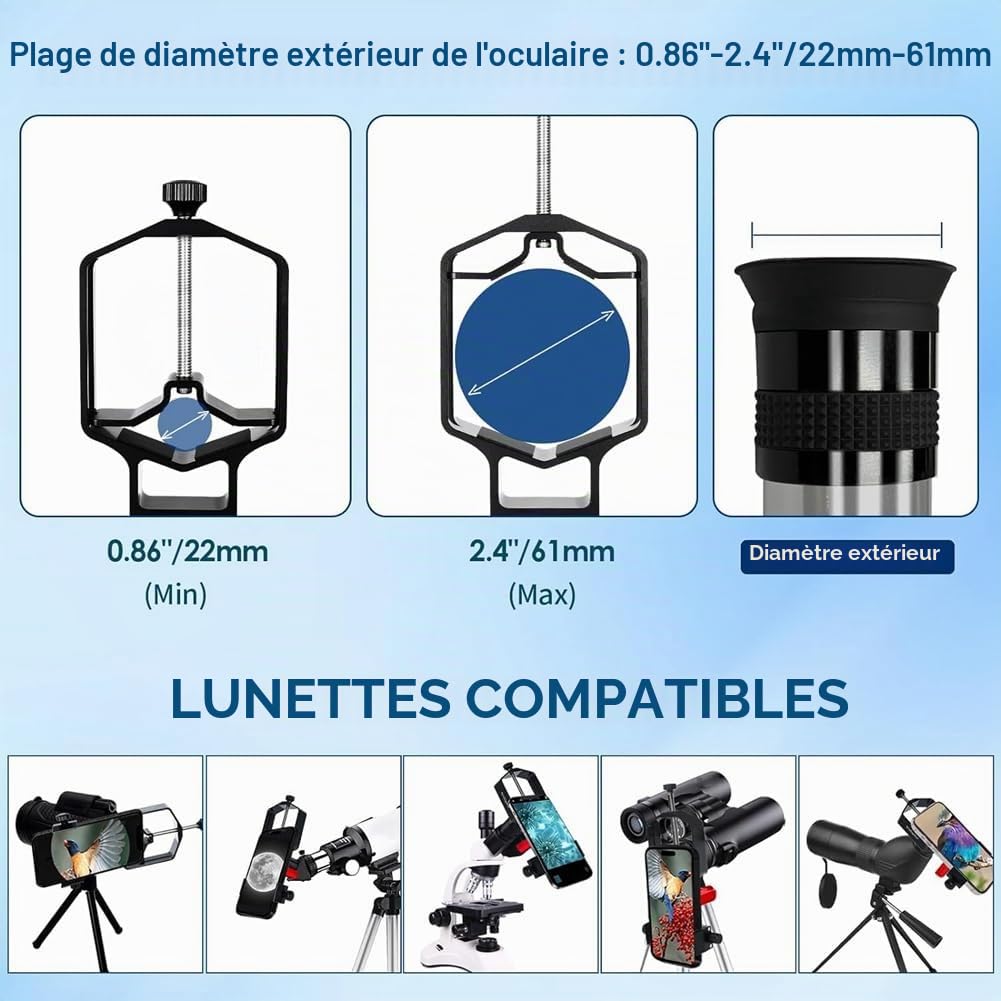 Adaptateur Universel de Digiscope pour Lunette de Téléphone, Support de Télescope en Métal, Support pour Smartphone à 3 Axes pour Longue-Vue avec Télécommande