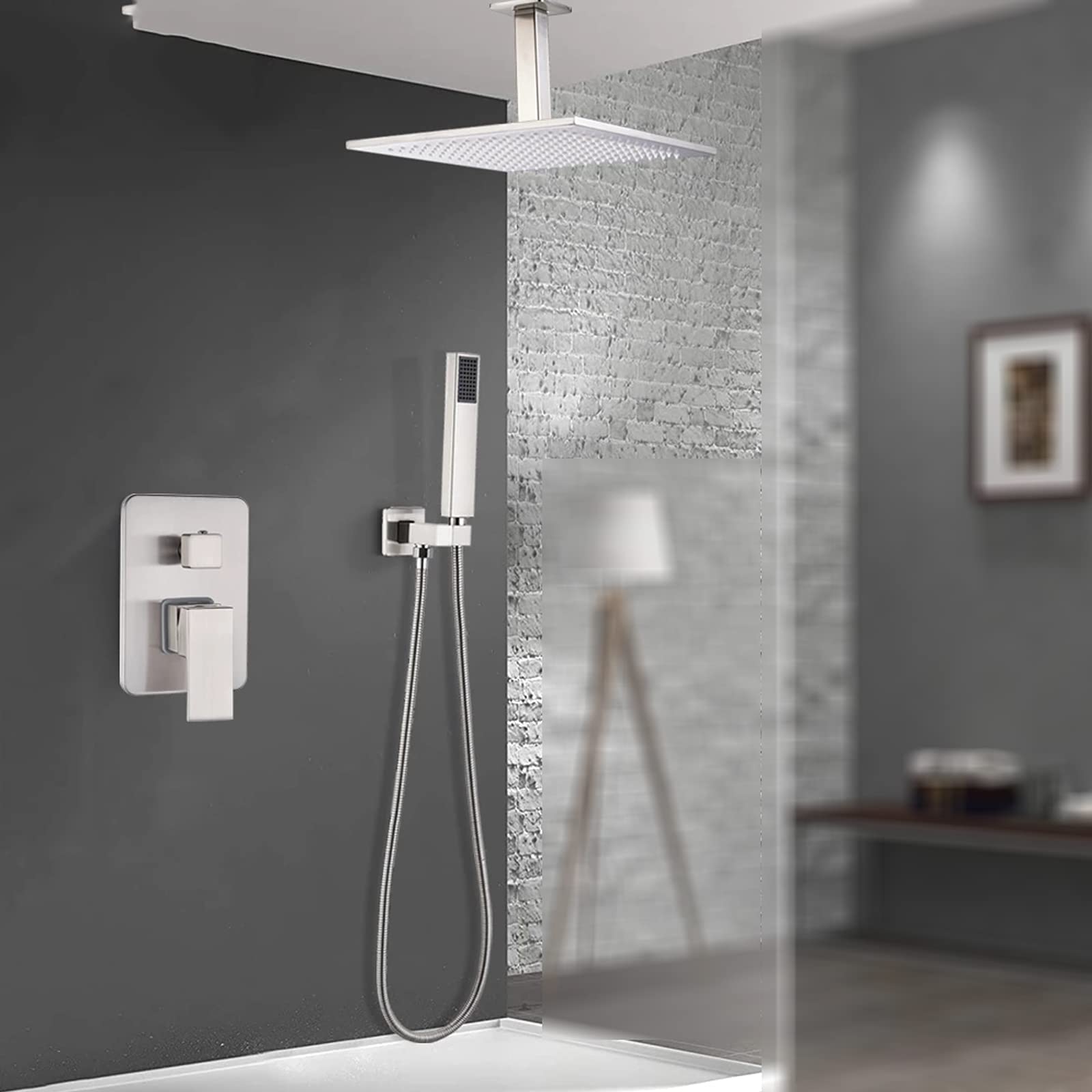 Duschsystem Gebürstetes Nickel – 40,6 Cm Regenduschkopf, Handbrause, Deckendmontage, Hochdruck
