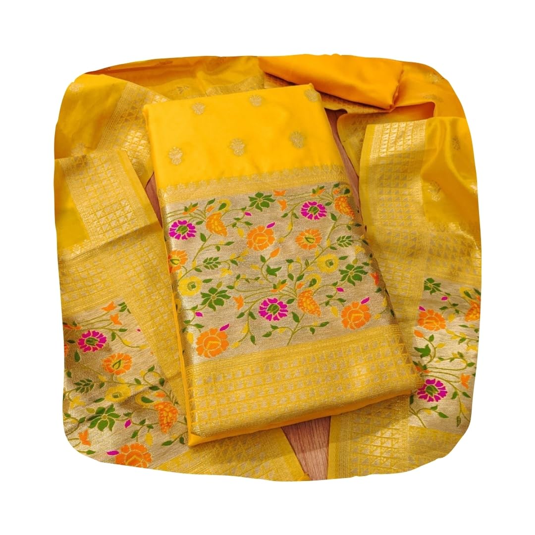 Pure Zari Banarasi Silk Suit Dress Material for Woman Premium Banarasi Dress Materials for Women Unstitched Soft Silk Top Bottom Dupatta Mor Jal Design