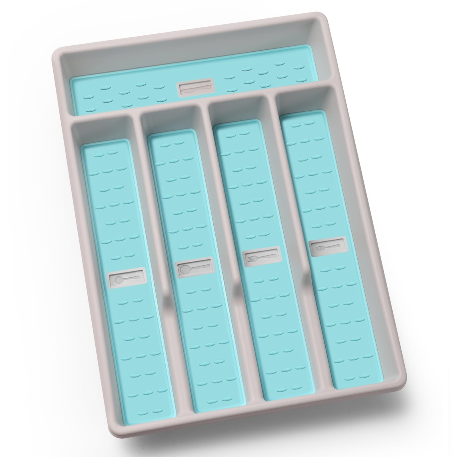 Joequality Silverware Organizer with Iconsï¼ŒPlastic Cutlery silverware Tray for Drawerï¼ŒUtensil Flatware Tableware Organizer for Kitchen with Non-slip TPR,Fits Standard Drawer,5-Compartment,Grey+Mint