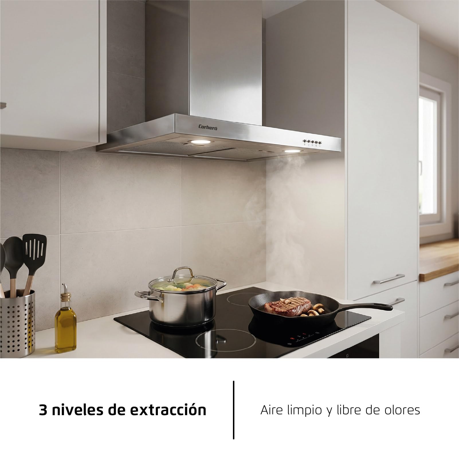 Corberó - Hotte décorative horizontale 70 cm | VOSTOK760X | Inox | Débit 647,7 m3/h | 165 W | 3 vitesses | 2 filtres en aluminium | Filtre charbon | Efficacité énergétique A, Inox