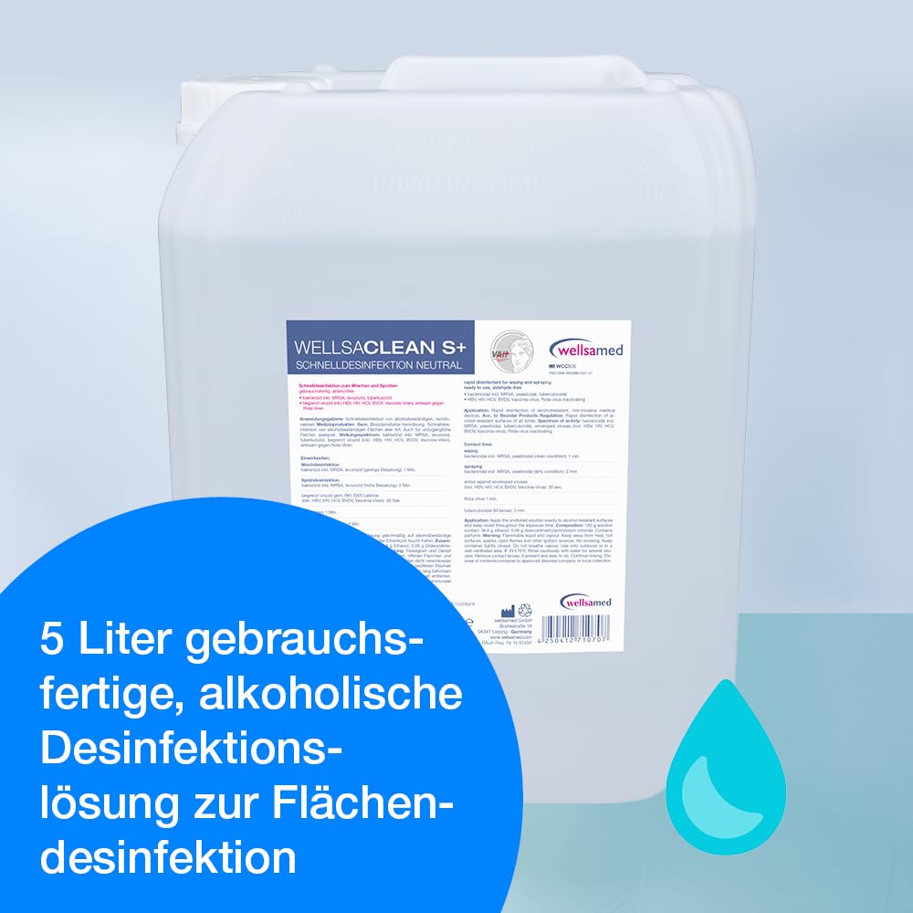 Wellsamed Desinfektionsmittel Set, 5 Liter Schnelldesinfektionslösung Neutral, Gebrauchsfertig, Mit Spendereimer und 8 Rollen Wischtücher à 70 Blatt