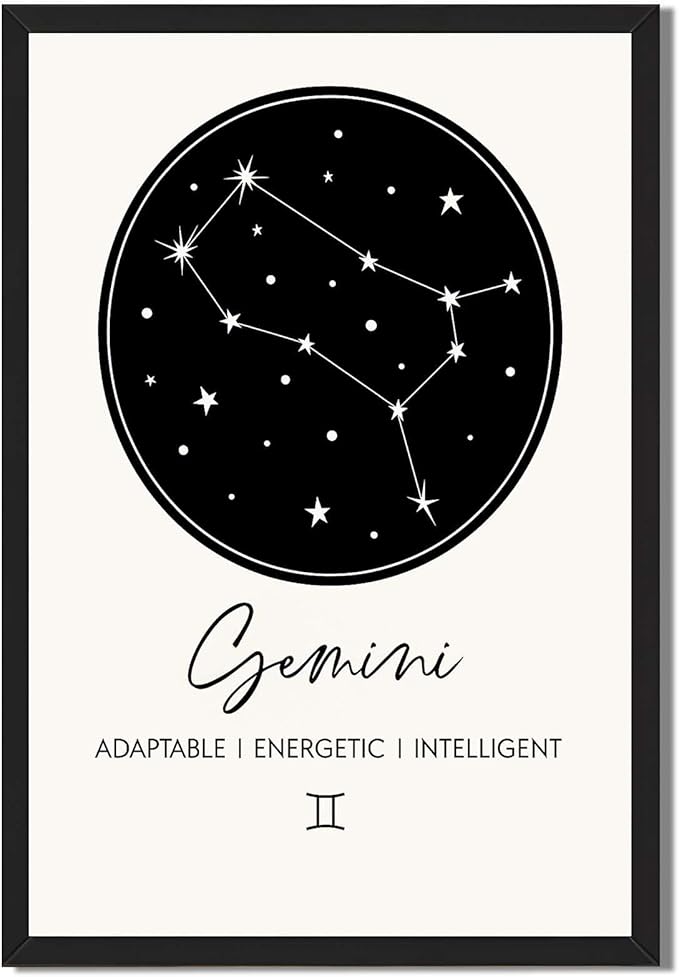 Gemini Constellation Art Print, Canvas Wall Art Painting, Minimalist Aesthetic Pictures, Zodiac Sign Cute Wall Decor for Living Room, Bedroom, Dorm Room Decoration (Blank Framed,12L X16W)