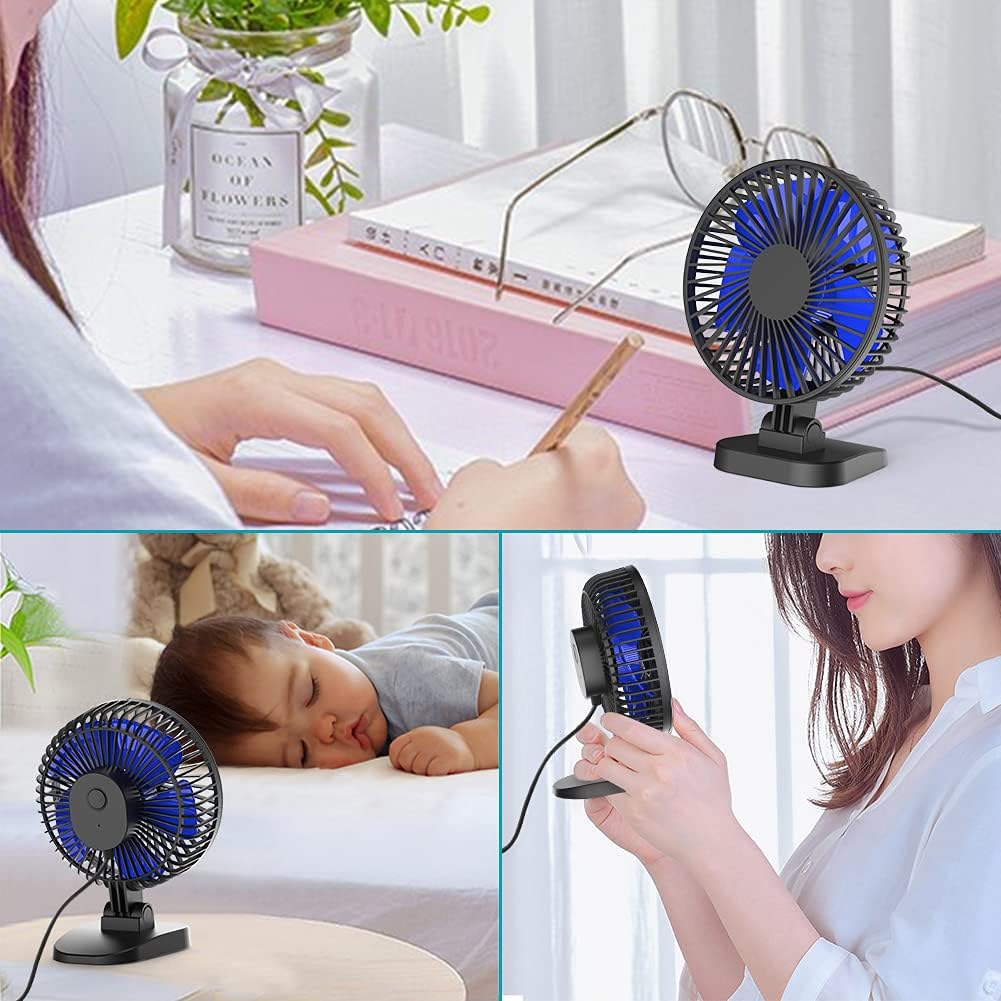USB Desk Fan, Small Quiet Desktop Fan Plug in, Perfect for Office Home Bedroom, 3 Settings, Powerful Airflow, Whisper Quiet, 40°Tilting, 3.9 feet Cord, (Black Blue) : Electronics